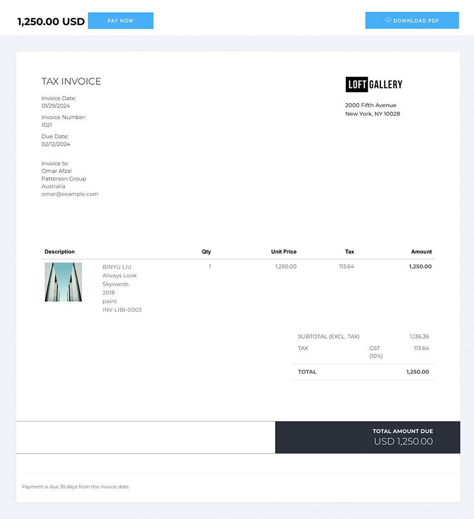 Art Galleria Online Invoice