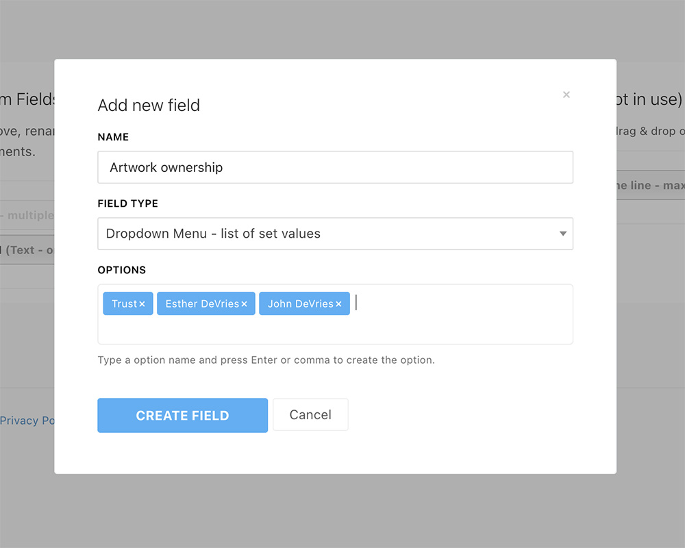 Custom field creation interface