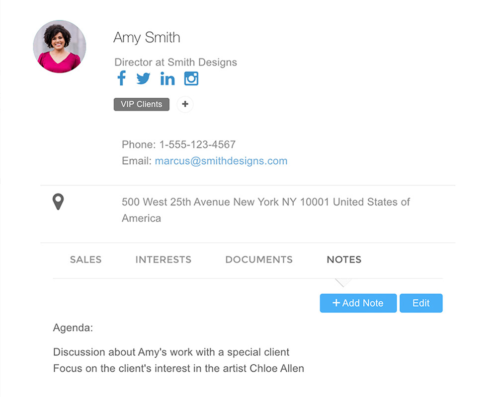 Contact profile with notes section