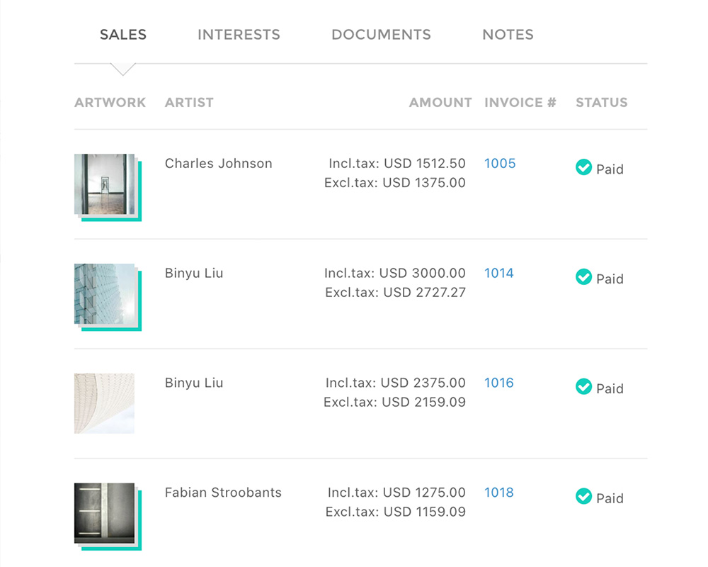 Sales history table with transaction records