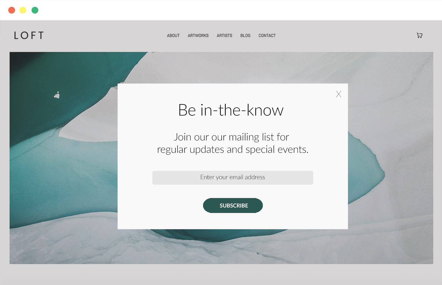 LOFT website with newsletter subscription modal